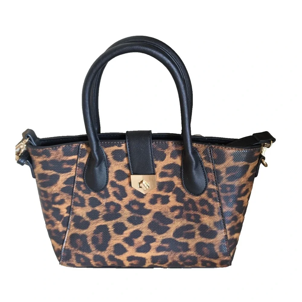 Leopard Print Satchel Bag – Black Handles & Gold Hardware - OS